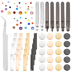 PandaHall Elite Iron Crystal Jewelry Setter Kit, with Iron Stamps, Glass Rhinestone Cabochons, Stainless Steel Tweezers, Brass Charms, Mixed Color, Jewelry Setter Kit: 1 set/bag