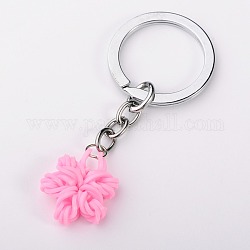 Rubber Loom Band Flower Keychain, with Platinum Plated Alloy Key Clasp Findings, Pearl Pink, 80mm