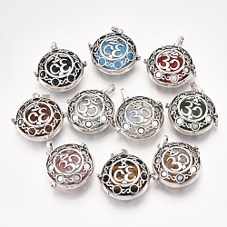 Alloy Cage Big Pendants, Hollow, with Natural/Synthetic Gemstone Beads, Flat Round with Om Symbol, Antique Silver, 34.5x35x14mm, Hole: 8.5x3.5mm, Inner Diameter: 27.5mm, Bead: 24.5~25x5.5mm