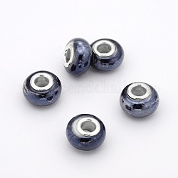Unterlegscheibe handgefertigten Porzellan großes Loch European Beads, mit Platin Messing Doppelkerne, dunkelblau, 15x10 mm, Bohrung: 5 mm