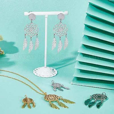SUNNYCLUE 1 Box 8pcs Dream Catcher Charms Dream Catchers Charm Stainless Steel Feather Charm Hollow Metal Double Sided Charms for