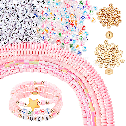 PH PandaHall 780pcs Polymer Clay Beads Kit 6 Styles Heishi Beads Pink Vinyl Disc Beads Clay Cylinder Beads with 300pcs Letter Beads 200pcs Golden Spacer Beads for Necklace Bracelet Jewelry Making DIY-PH0010-59-1