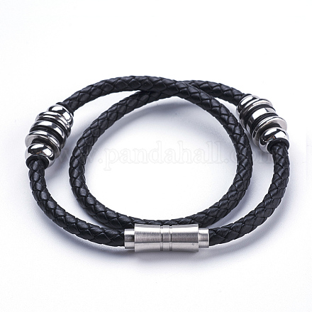 Two Loops Braided Leather Cord Wrap Bracelets BJEW-F291-17P-1
