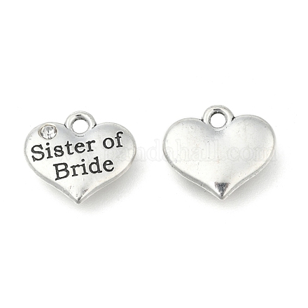 Wedding Theme Antique Silver Tone Tibetan Style Heart with Sister of Bride Rhinestone Charms TIBEP-N005-06D-1