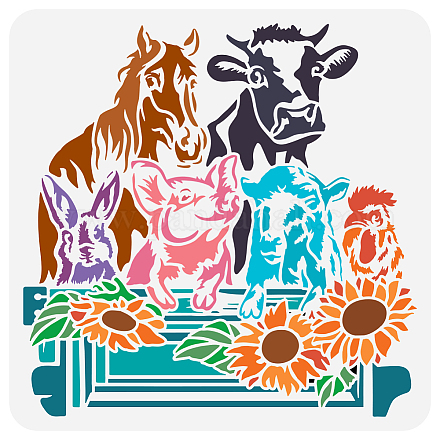 FINGERINSPIRE Farm Animal Painting Stencil 11.8x11.8inch Reusable Animals Sunflower Pattern Drawing Template Cows Sheep Horse Rabbit Pig Hen Decor Stencil for Painting on Wood Wall Paper Furniture DIY-WH0391-0783-1