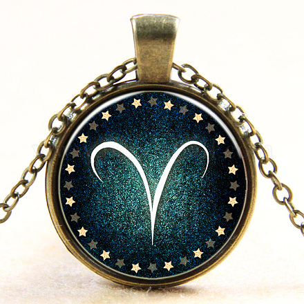 Aries Constellation/Zodiac Sign Flat Round Glass Pendant Necklaces NJEW-N0051-022A-01-1