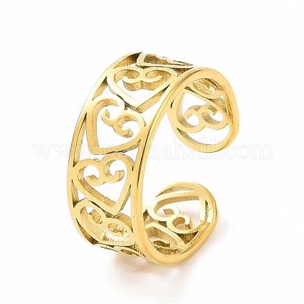 Ion Plating(IP) 304 Stainless Steel Hollow Out Heart Open Cuff Ring for Women RJEW-C053-06G-1