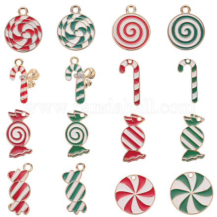 SUNNYCLUE 1 Box 32Pcs 16 Styles Candy Charms Bulk Candy Cane Charm Christmas Candies Alloy Enamel Red Gold Plated Stick Holiday Dangle Round Charm for Jewelry Making Charms DIY Necklace Earring Adults ENAM-SC0003-66-1
