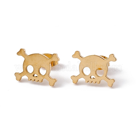 304 Stainless Steel Tiny Hollow Out Skull Stud Earrings for Women STAS-A065-06G-1