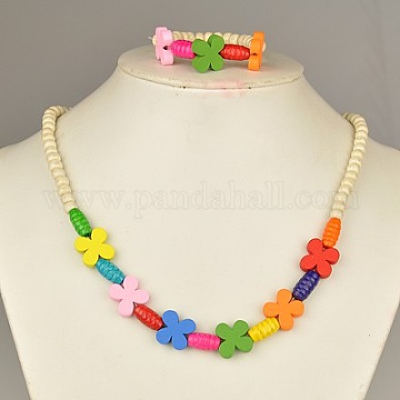 Colorful Wood Jewelry Sets for Kids: Bracelets and Necklaces SJEW-JS00306-04-1