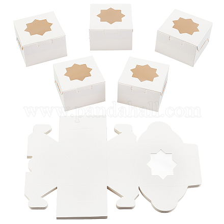 スーパーファインディング個別クラフト紙ケーキボックス  ベーカリーシングルカップケーキパッキングボックス  八角形の透明な窓のある正方形  ホワイト  100x100x65mm BAKE-FH0001-02A-1