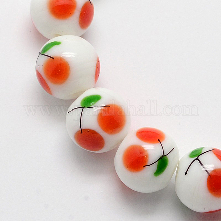 Cherry Pattern Handmade Lampwork Round Beads Strands LAMP-L045-12mm-02-1