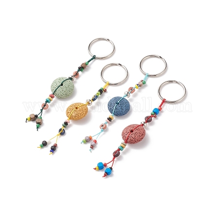 Porte-clés plat rond en perles de lave naturelle KEYC-O011-08-1