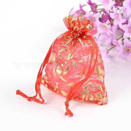 花柄オーガンジーバッグ巾着袋  長方形  ファイヤーブリック  サイズ：長さ約9cm  幅7cm X-OP-9X7-3-1