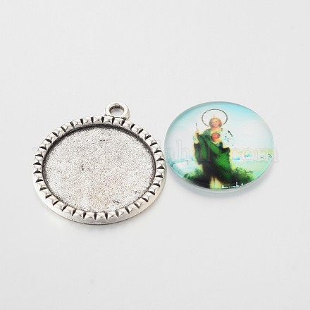 Thème vierge rondes plat style tibétain supports pendentif en alliage de cabochon et verre imprimé demi cabochons rond / dôme DIY-X0249-04AS-1