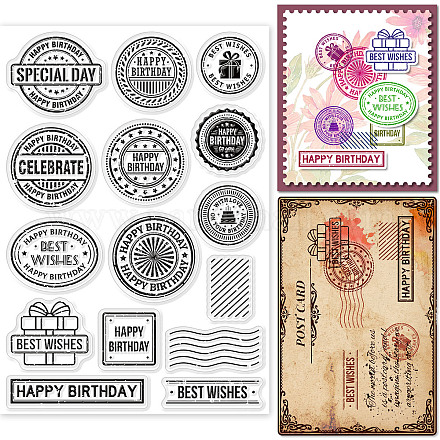 GLOBLELAND Birthday Theme Postmark Clear Stamps for DIY Scrapbooking Birthday Label Retro Background Silicone Clear Stamp Seals for Journals Decorative Cards Making Photo Album DIY-WH0167-57-0505-1