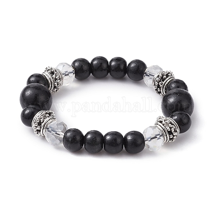 Bracelet extensible en perles rondes en bois naturel et verre BJEW-JB09697-1