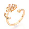 Tropical Leaf Shape Brass Micro Pave Clear Cubic Zirconia Cup Peg Ring Settings, Cuff Ring Settings for Half Drilled Beads, Real 18K Gold Plated, 15~16mm, Inner Diameter: 16.8~17.2mm