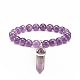 Natural Amethyst Round Beaded Stretch Bracelet with Bullet Shape Charm BJEW-JB08310-03-1