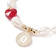 Bracciale elasticizzato da donna con perle naturali e perline di vetro millefiori con ciondolo a forma di cuore e moneta BJEW-TA00060-5