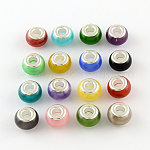 Large Hole Rondelle Resin European Beads, with Silver Color Plated Brass Double Core, Mixed Color, 14x9mm, Hole: 5mm