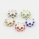 Aleación Diamante de imitación abalorios europeas, Abalorios de grande agujero, rerondana plana, color plateado, color mezclado, 11x6mm, agujero: 5 mm