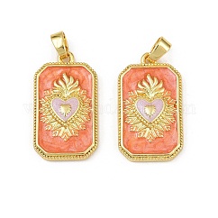 Colgantes de esmalte de latón, Plateado de larga duración, sin plomo y el cadmio, chapado en rack, dorado, Rectángulo con dijes de corazón sagrado, naranja, 27.5x15.5x4mm, agujero: 5.5x3.5 mm