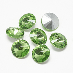Cabujones de cristal con rhinestone, rhinestone del rivoli, espalda plateada, facetados, cono, peridoto, 10x5mm