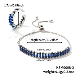Ensemble élégant de bracelets coulissants et de bagues manchettes en laiton avec strass rectangulaires, bleu de Prusse