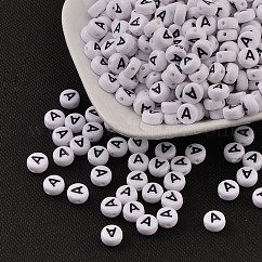 Abalorios de acrílico, con agujero horizontal, carta, plano y redondo, letra A, 7x4mm, agujero: 1.2~1.8 mm, aproximamente 3500 unidades / 500 g