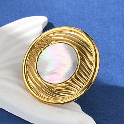 Flache runde Fingerringe aus 304 Edelstahl mit weißer Muschel für Frauen&nbsp;RJEW-G346-05G-02