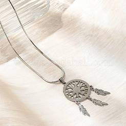 Bohemian 201 Edelstahl Schneeflocke gewebtes Netz/Netz mit Feder Anhänger Halsketten&nbsp;NJEW-P327-07P-A