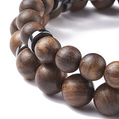 2 pièces 2 bracelets extensibles en perles de bois naturel et hématite synthétique sertis de pierres précieuses&nbsp;BJEW-JB08153
