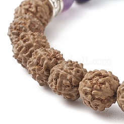 Bracelet extensible en bois de rudraksha naturel et mélange de pierres précieuses avec breloque en alliage de lotus&nbsp;BJEW-TA00151