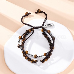Verstellbare Armbänder aus geflochtenen Perlen aus natürlichem Tigerauge und Hämatit&nbsp;BJEW-U035-01B