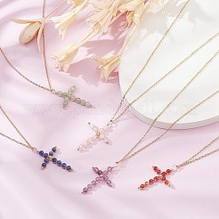 Collar con colgante de cruz con cuentas de piedras preciosas mixtas naturales&nbsp;NJEW-JN04357