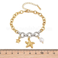 Bracelets à breloques bicolores océan en acier inoxydable 304 avec animaux marins et perles d'imitation pour femmes&nbsp;SA-CBA717A-06G-01