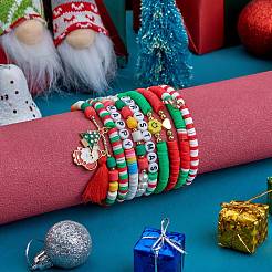 9 pièces 9 mots de style joyeux noël faits à la main en argile polymère heishi surfeur bracelets extensibles sertis de perle acrylique&nbsp;sgBJEW-SW00070