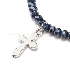 Bracelet extensible en perles rondes en verre avec breloque croix en alliage pour femme&nbsp;BJEW-JB08509