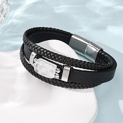 Bracelets multi-rangs en cristal de quartz naturel et cuir microfibre tressé pour femmes et hommes&nbsp;GG-CBAEA55-01E