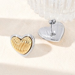 Pendientes de botón de corazón de dos tonos de acero inoxidable 304&nbsp;EJEW-M073-09PG-02