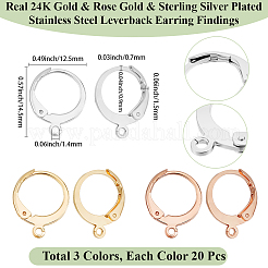 60 pièce 3 styles de boucles d'oreilles à levier en acier inoxydable 304&nbsp;STAS-BBC0008-30D