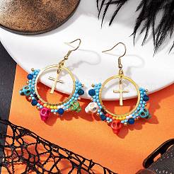 Pendientes colgantes bohemios con cuentas de vidrio y turquesa sintética&nbsp;EJEW-MZ00287