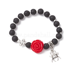 Braccialetti elastici con perline rotonde in pietra lavica naturale e sintetica a tema Halloween&nbsp;BJEW-MZ00185-02