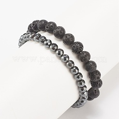 2 pièces 2 style bracelets extensibles en roche de lave naturelle et hématite synthétique sertis d'ailes en alliage&nbsp;BJEW-JB08021