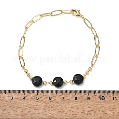 Bracelets en laiton avec perles rondes plates à facettes en onyx noir naturel (teint et chauffé) et chaîne trombone.&nbsp;GG-CBA37F5-02G-12