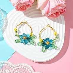Orecchino a cerchio con fiore in vetro intrecciato&nbsp;EJEW-MZ00235-01
