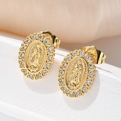 Boucles d'oreilles à tige ovales en laiton avec micro pavé de zircons cubiques transparents de la Vierge Marie&nbsp;EJEW-D305-10G