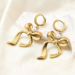 Orecchini a cerchio con perle finte in acciaio inossidabile 304 con fiocco per donna&nbsp;EJEW-U068-03G