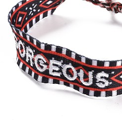 Palabra hermosa pulsera trenzada de polialgodón (algodón poliéster) con dije de borla&nbsp;BJEW-F429-03